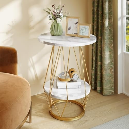 Gold End Table, Modern Marble Round Side Table with 2-Tier Storage Sheld, Small Sofa Table Coffee Table with Faux Marble Top for Living Room, Bedroom, White & Gold