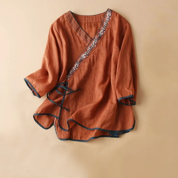 Fiudx Liquidación de Ofertas Flash Top de Manga Corta con Cuello En V y Lino con Bordado Renacentista para Mujer Top de Manga Corta con Cuello En V