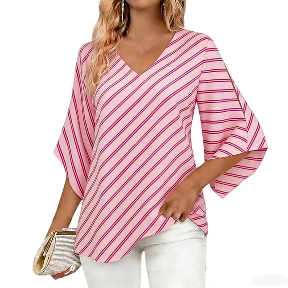 yillto Women 3/4 Sleeve Blouse Striped Baggy Tops V Neck Business Casual Tunic Shirts Summer Dressy Top