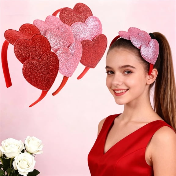 Minjewel Valentine's Day & Wedding Red Glitter Heart Statement Headband for Women, Wide Sparkly Party Hair Accessory for Holidays & Celebrations,A