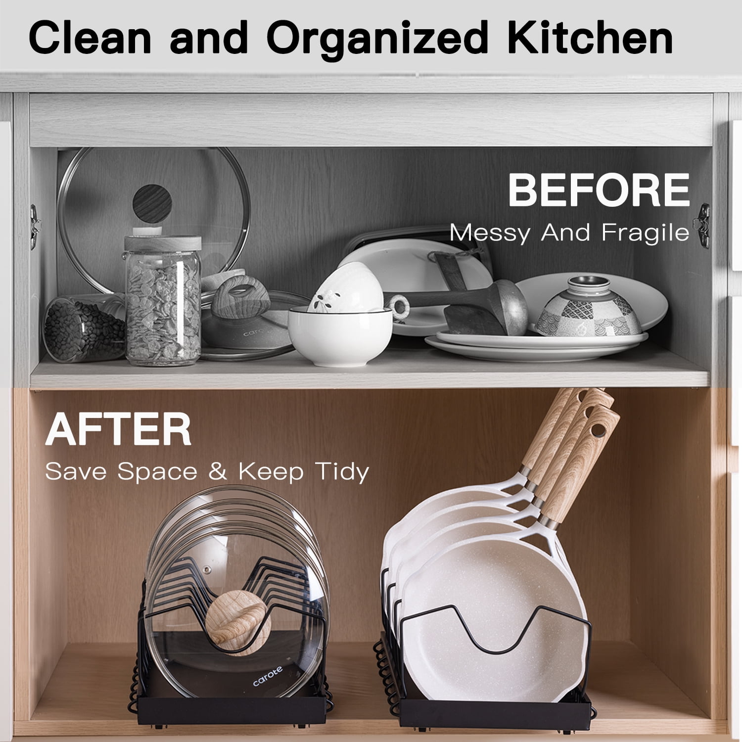 Pull-out Pots and Pans Organizer 2 Pack - Under Cabinet Pot Lid Holder for Kitchen - Bakeware & Dishes Storage Rack with Slide Rails, Black