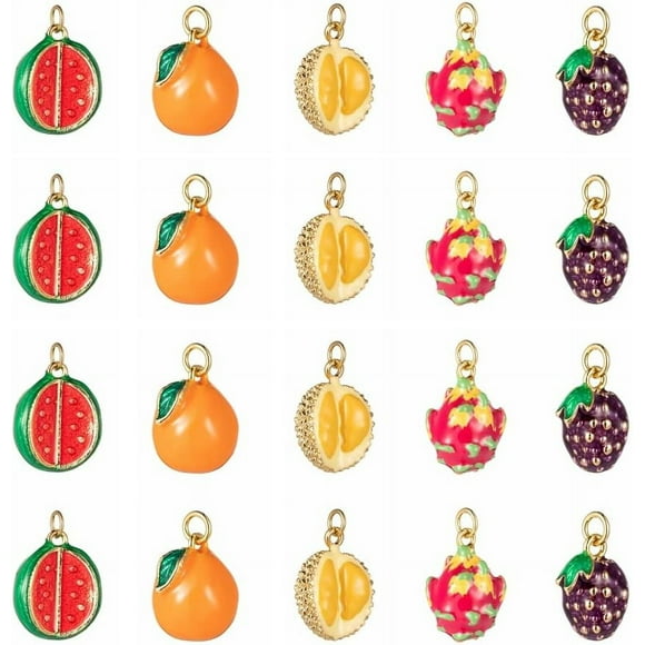 ORUYROP 10 Pcs 5 Style Fruit Theme Durian Orange Watermelon Pitaya Mulberries Charm Real 18K Gold Plated Brass Enamel Charm Collection for Jewelry Making