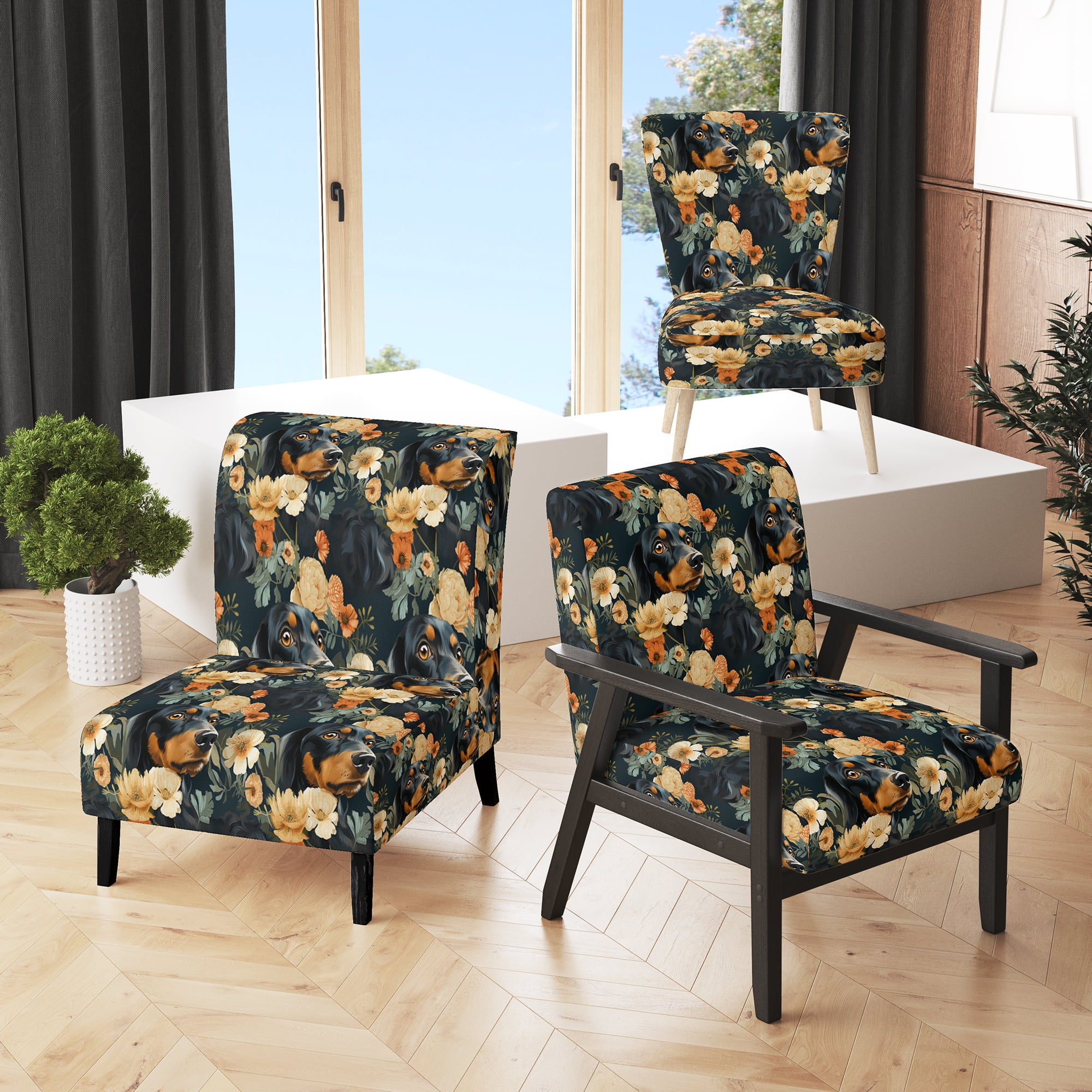 Designart Dachshund Delight I Black Animal Print Upholstered Accent Chair Casual Arm Chair For Living Room