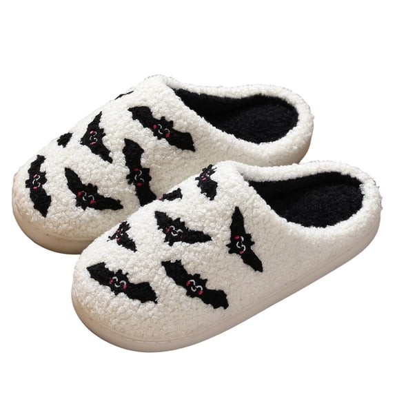Qingpeng Womens Closed Toe Open Heel Bat Motif Plush Slippers Cozy Soft Indoor House Shoes with Contrast Design for Halloween Home