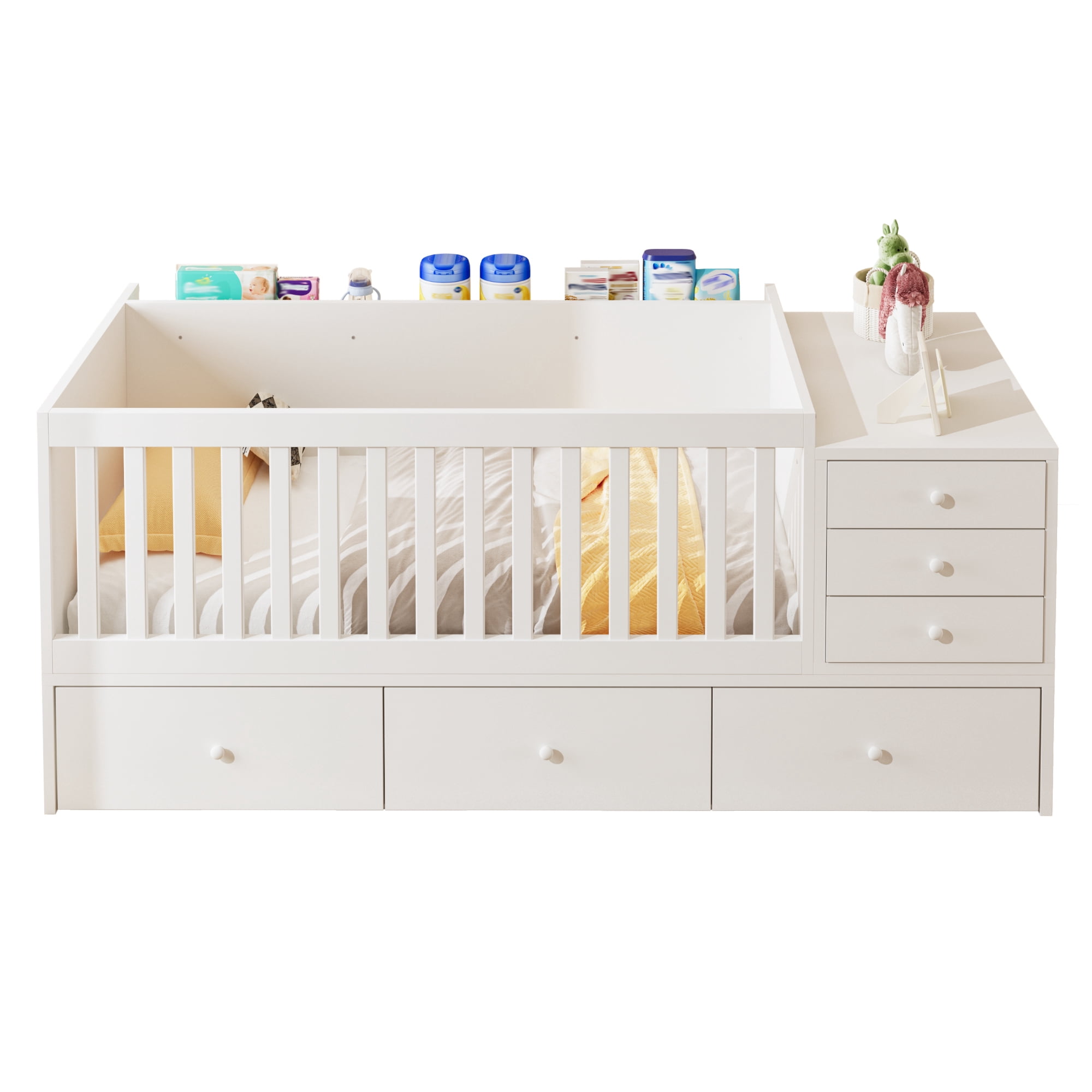 Euroco Wood Toddler Daybed with Drawers and Cabinets, 2-in-1 Crib with Movable Guardrails, White