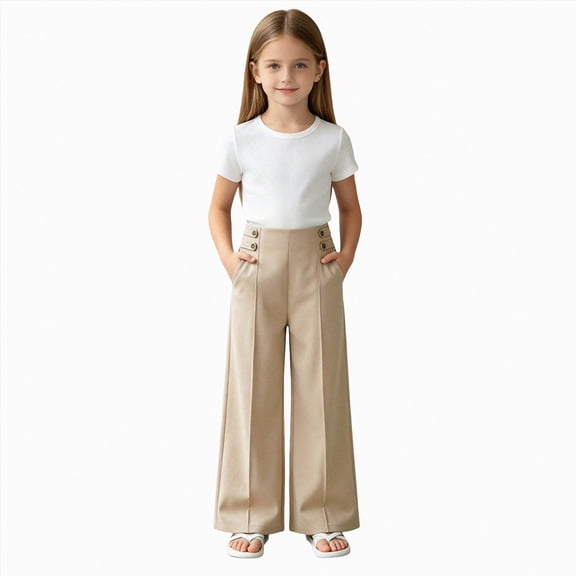 Gubotare Kids Pants Girls Girls Elastic Waist Ruffle Trim Straight Leg Pants Casual Stretchy Trousers Size 10-11 (Khaki,10-11 Years)