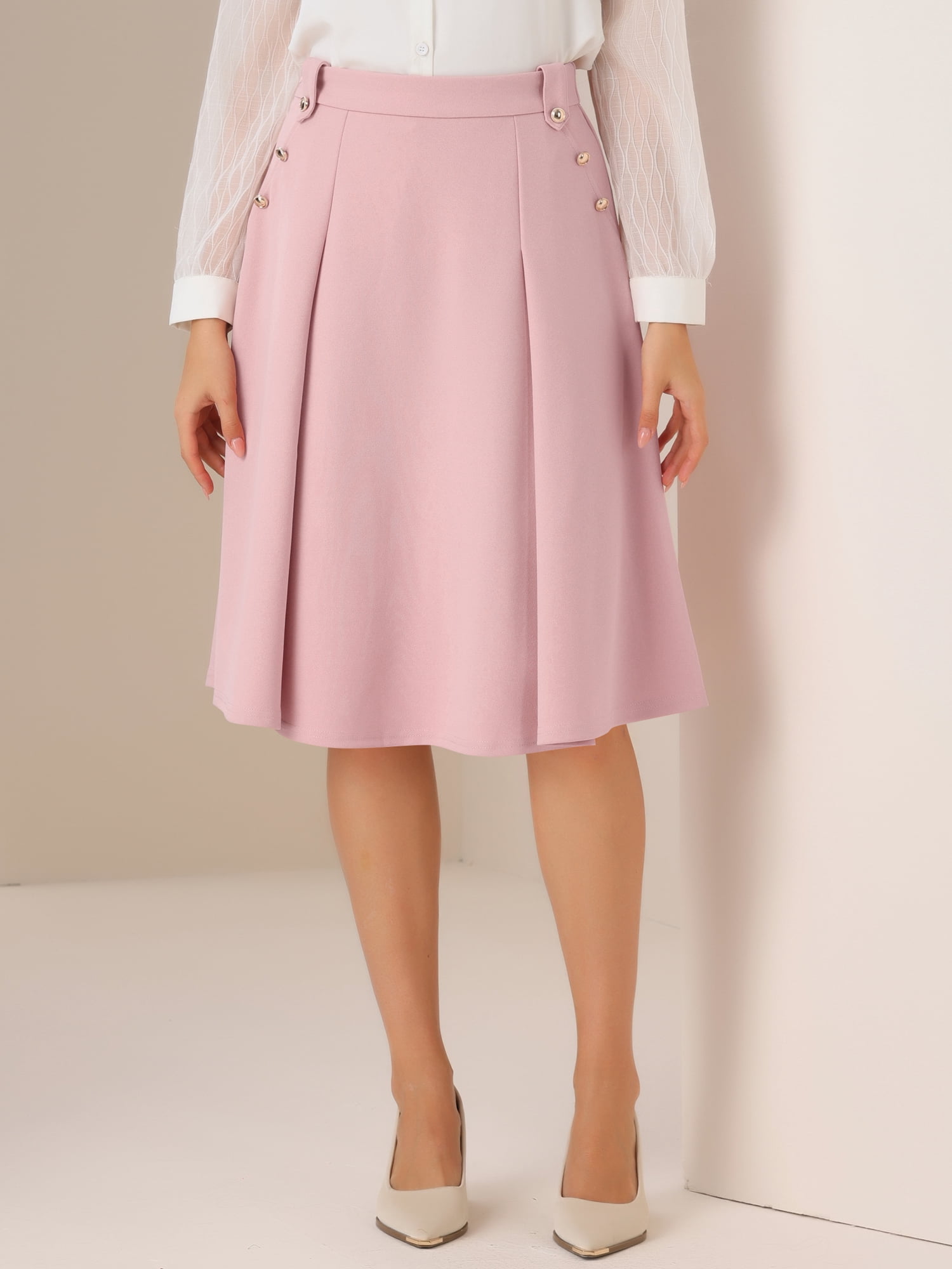DARING DIVA Women's Button Decor Flared Midi Skirt S Pink
