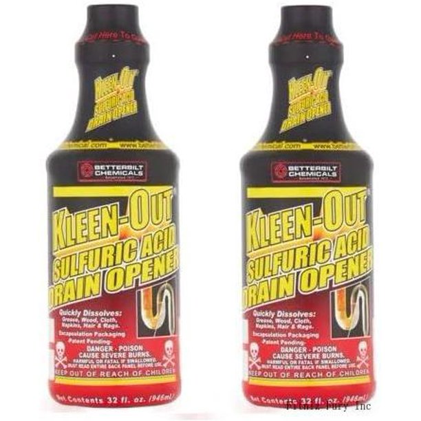 KleenOut Sulfuric Acid Drain Opener, 32 Fl Oz (2) (One Pack)