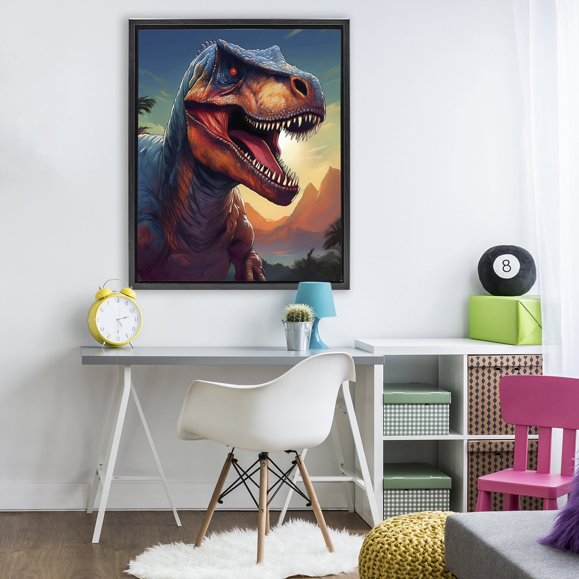 Stupell Industries Dinosaur with Sunset Landscape Black Framed Floater Canvas Wall Art, design by Creative Studio