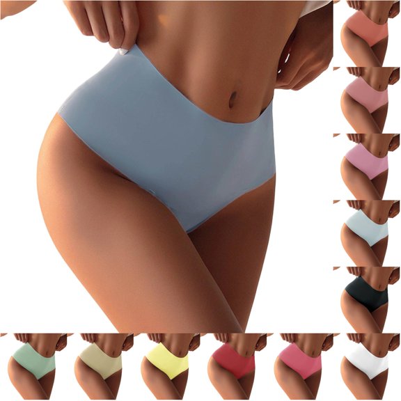 lnmuld Solid Laser Cut Seamless Mid Rise Women Bikini Briefs Ice Silk Smooth No Show Invisible Breathable Daily Panties Color:Blue,Size:M