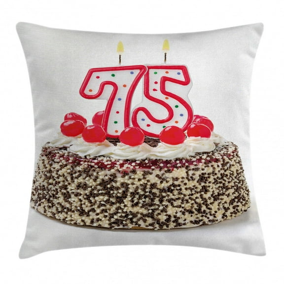 75th Birthday Decorations Throw Pillow Cushion Cover, Cute Number Candles on a Delicious Cake with Cherries Happiness, Decorative Square Accent Pillow Case, 16 X 16 Inches, Multicolor, by Ambesonne