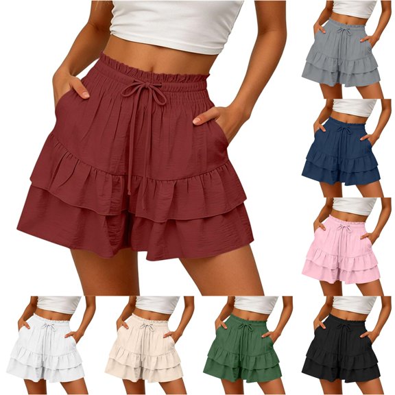 CAIVO Women Casual Summer Shorts With Ruffle Layered Pockets Loose Fit Elastic Waist Beach Shorts For Travel Daily Wear Breathable Outdoor Work Solid Color Bottoms