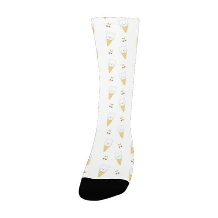 

Ice Cream Decor Cute Kitty Cones with Strawberry Childish Caricature Style Illustration Mustard Whit Women s Custom Socks (Made In USA)