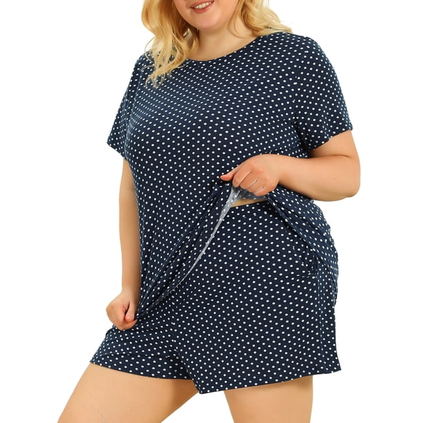 Women's Plus Size Pajamas Set Short Sleeve PolDots Nightwear Sleepwear Navy Blue 3X