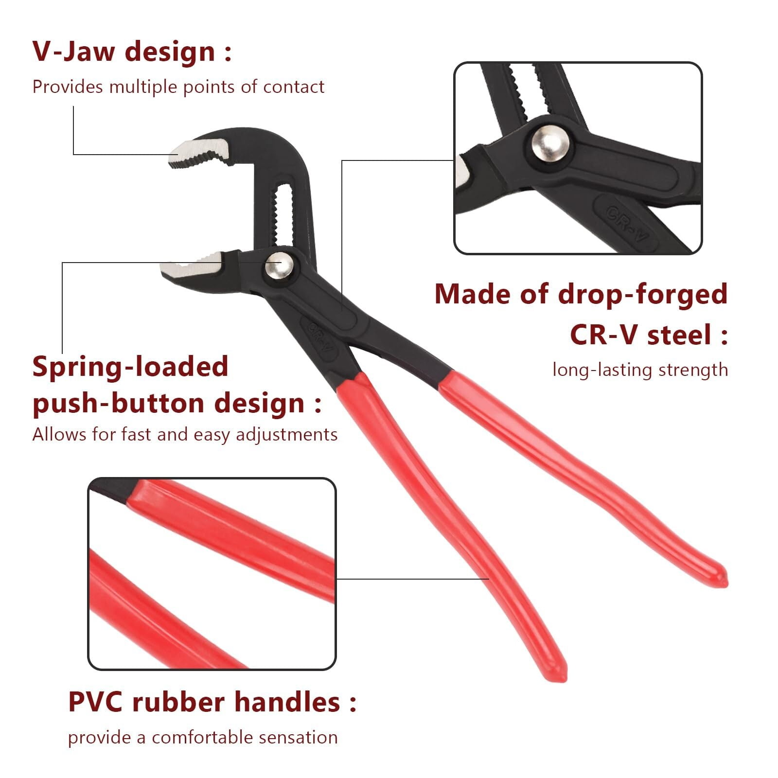3-Piece Quick Adjust Groove Joint Pliers Set - 7in, 10in & 12in Water Pump Pliers with Red Grips - Fast Adjustable V-Jaw Tongue and Groove Pliers for Plumbing, DIY, and General Use