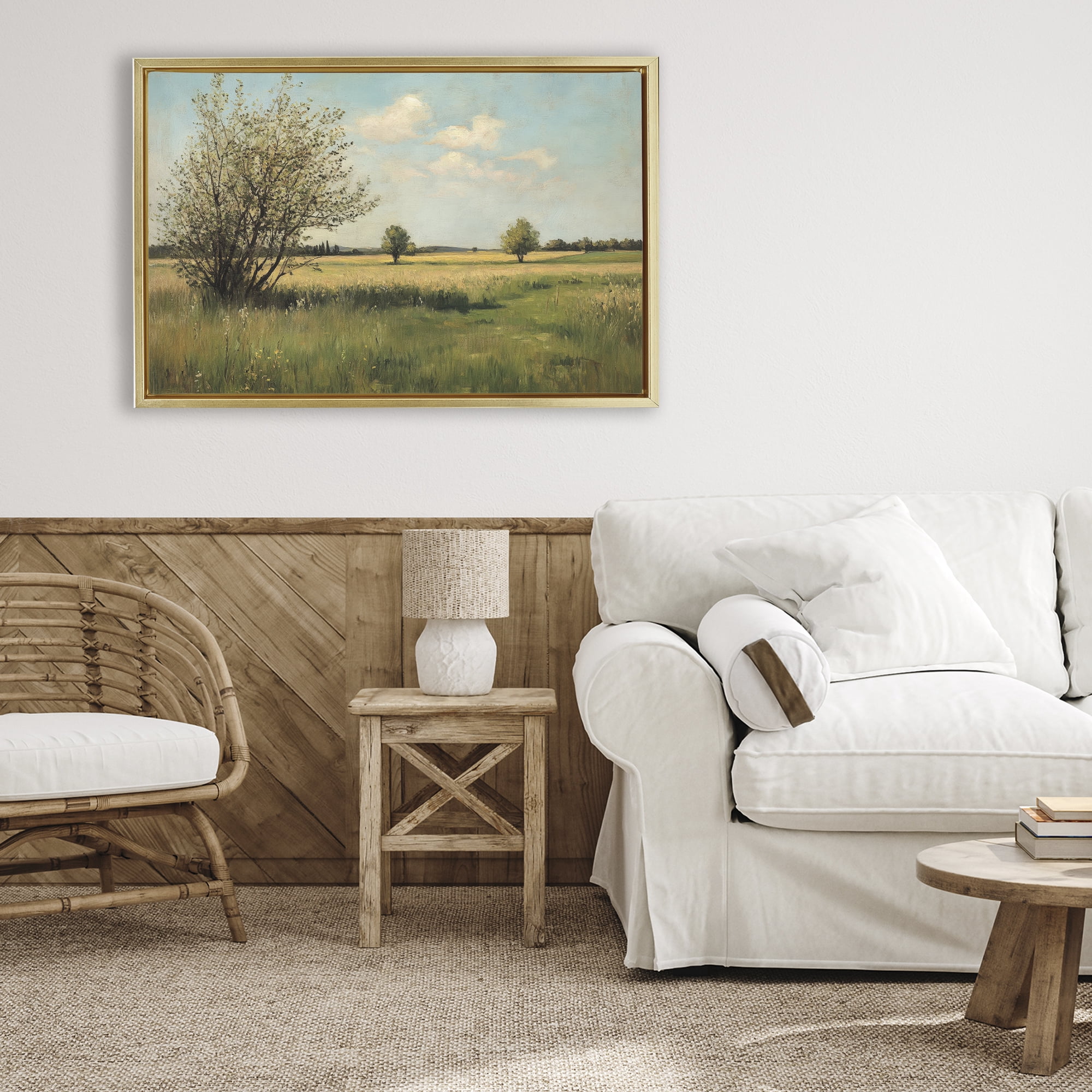 Stupell Industries Peaceful Meadow Under Serene Sky Gold Framed Floater Canvas Wall Art, design by Petal Prints Design