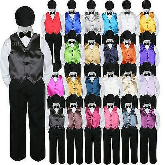23 Color Choice 5pc Vest Bow Tie Boys Suit Black Hat Baby Toddler Kid Formal S-7