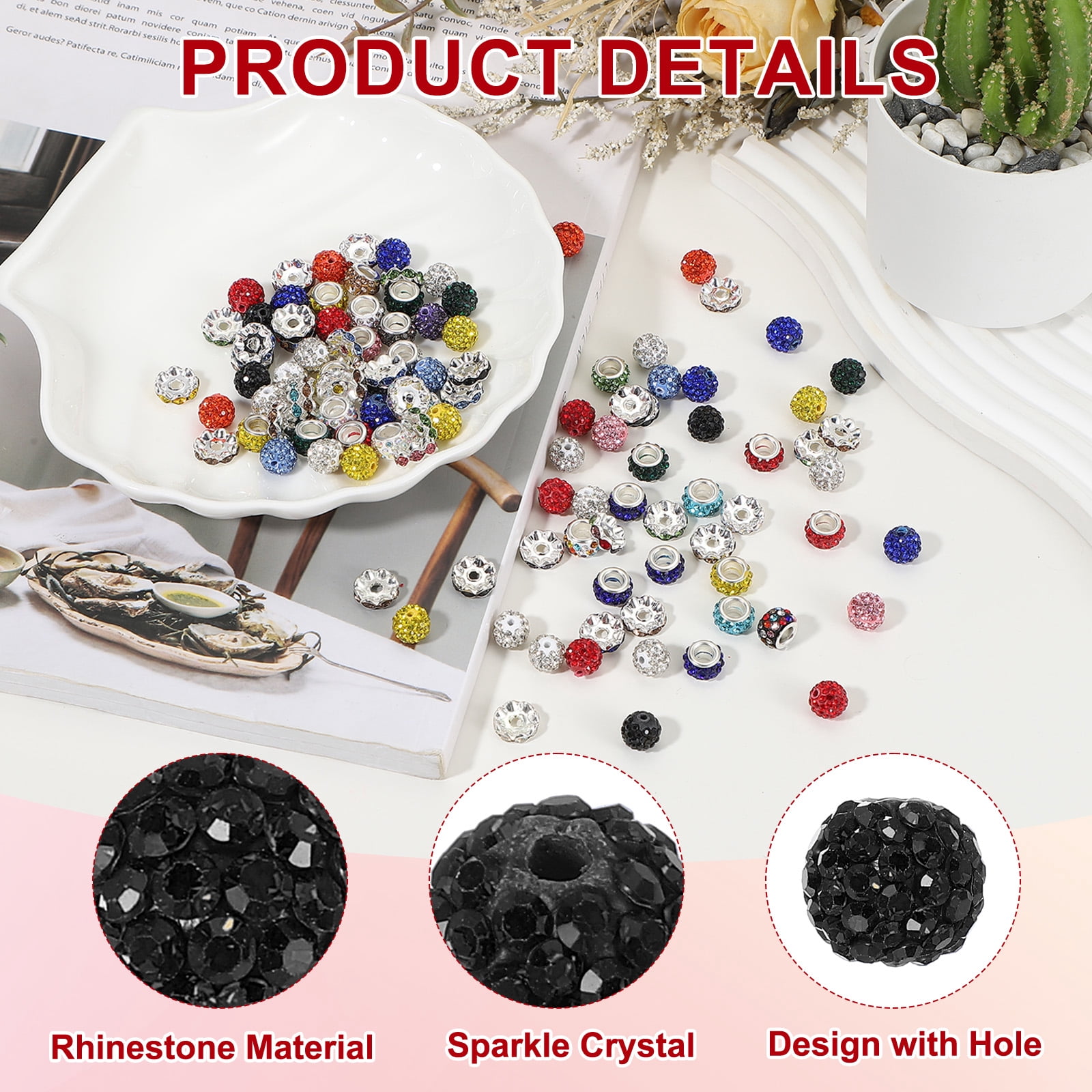 Rhinestone Beads for Jewelry Making, Shiny Round Disco Ball Beads Black 200 Pcs