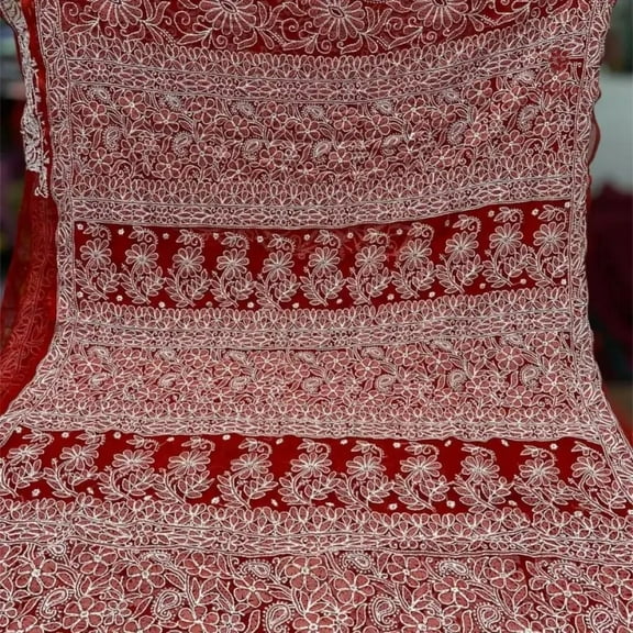 Crimson Red Chikankari Hand Embroidered Saree