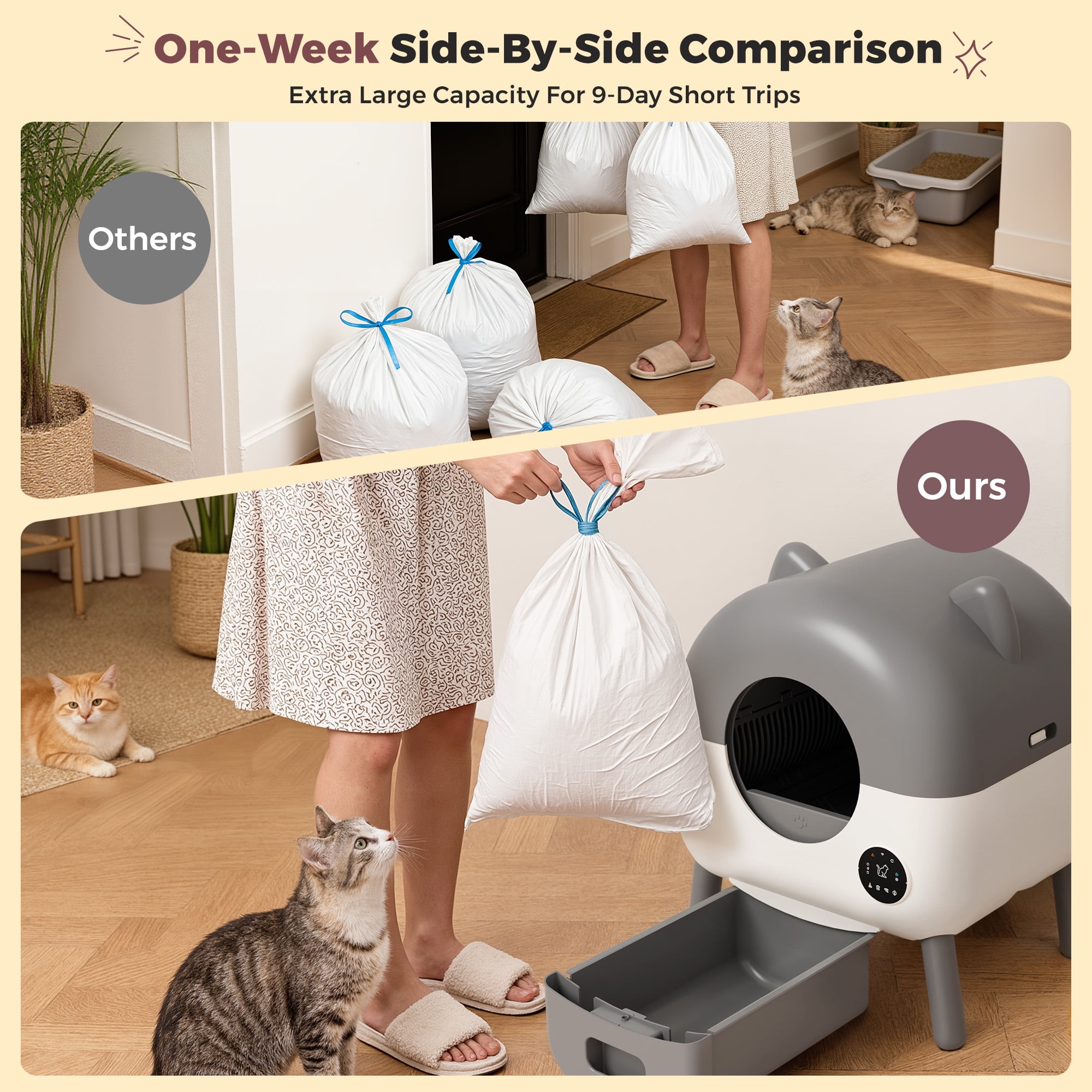 Furmax Fully Enclosed Automatic Cat Litter Box, 76L Large Capacity for Big Cats, Cat Ear Design with Garbage Bags, Aroma Box & Brush (gray)