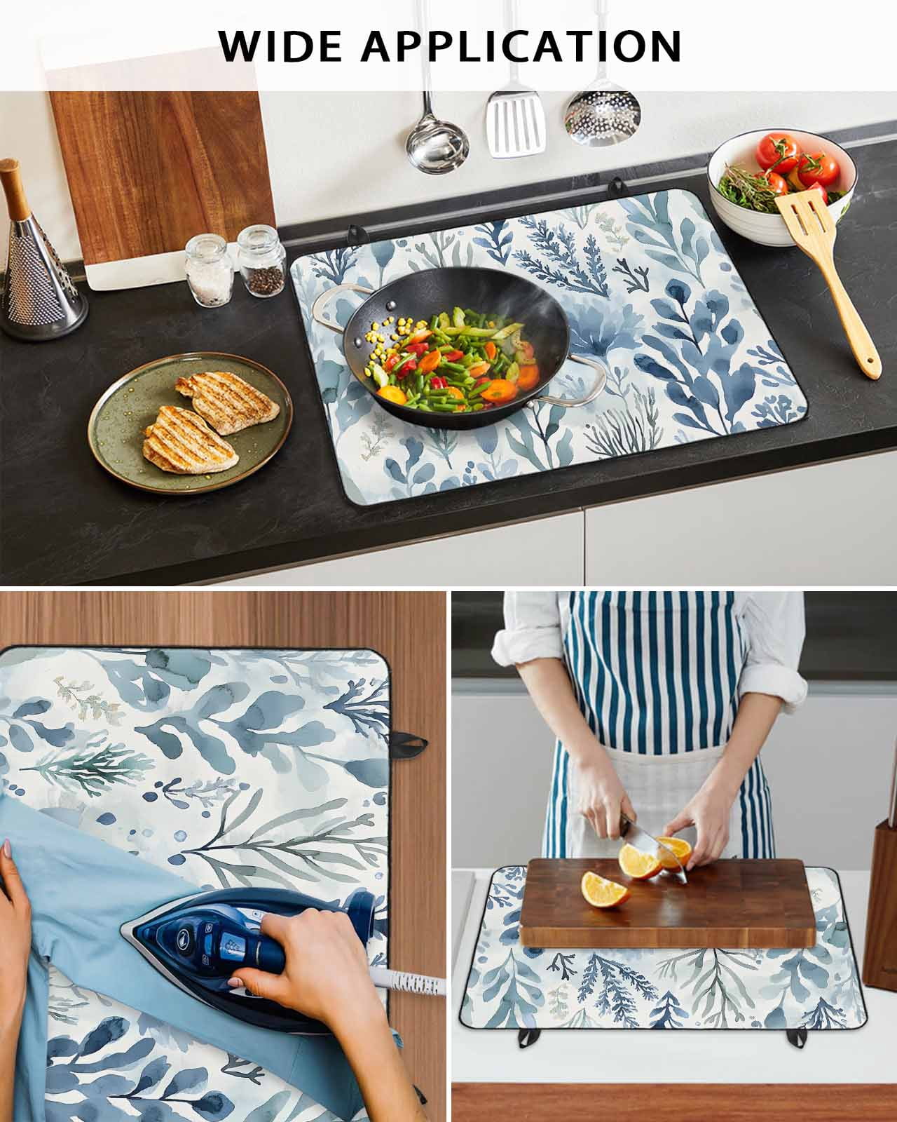 nqOlkjepod Large Induction Cooktop Protector Mat 36"x21", Blue Botanical Stove Top Covers for Electric Stove, Spring Summer Leaf Pastoral Vintage Stove Burner Cover Mats, Glass Top Stove Cover