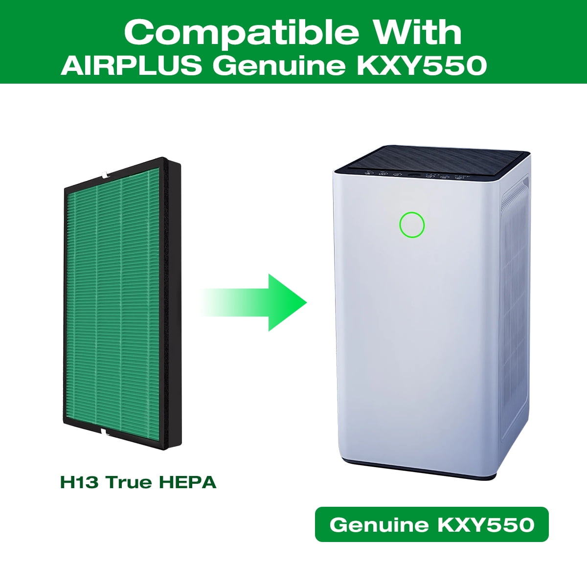 HOME TIMES 2 Pack KXY550 Replacement Filters Compatible with AIRPLUS Air Purifier, H13 True HEPA Filter and Activated Carbon Filter (Green)