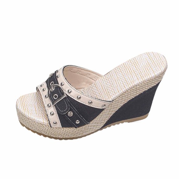 Hinvhai Women's Denim Espadrille Platform Wedge Sandals Fashion Woven Open Round Toe Slingback Slip On Slippers Summer Casual Dress Slide Sandals Black 7.5(40)