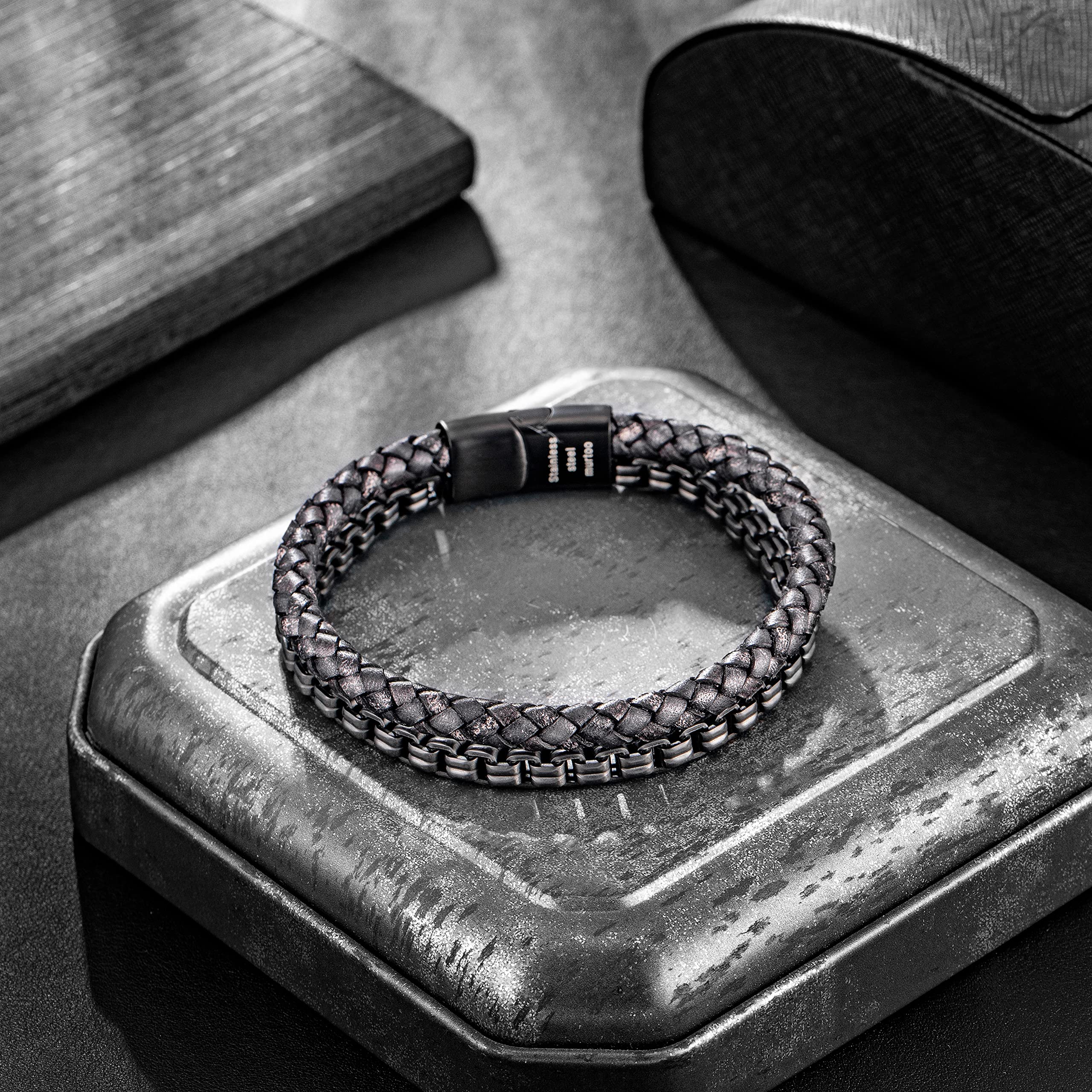 murtoo Mens Bracelet Leather and Steel, Stainless Steel Chain and Leather Bracelets for Men, Wristband Gift for Husband Boyfriend Father