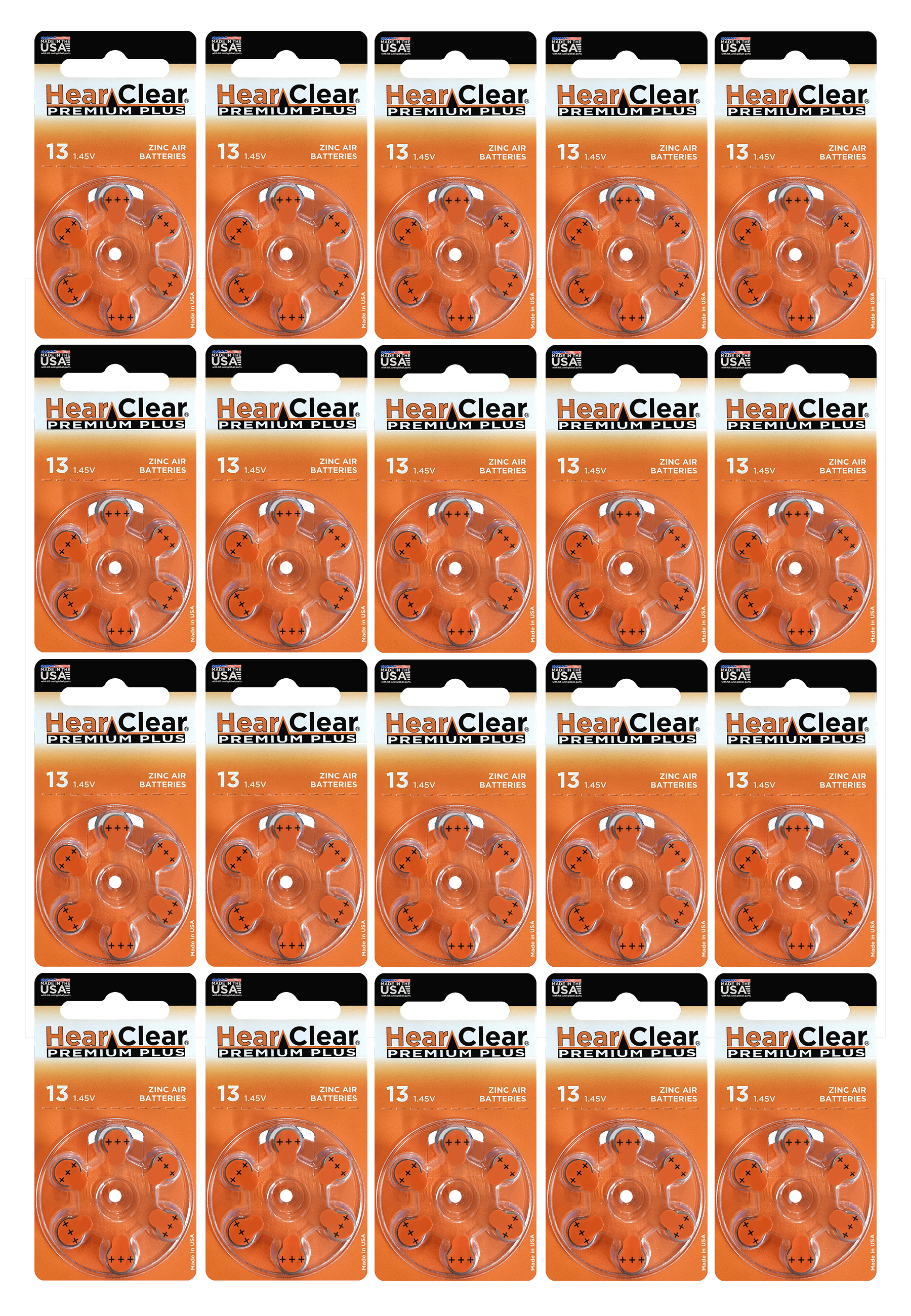 HearClear Size 13 Zinc Air 1.45V Hearing Aid Batteries Orange Tab (120 Pack)