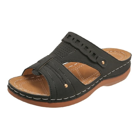 

Krdevn Women s Summer Fashion Open Toe Slope Heel Leather Solid Color Sandals Slippers Casual Comfortable Out Beach Slippers Black 9