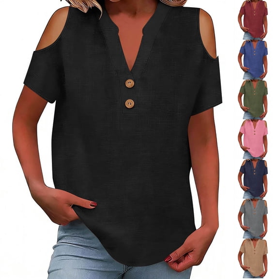 Women's Summer V Neck Off Shoulder Short Sleeve Top Shirts Blouses Solid Color Loose Fit Casual Daily Wear Vacation Beach Party Outfits Fashion Essential Gift for Women | Sopatenor,Blue XL