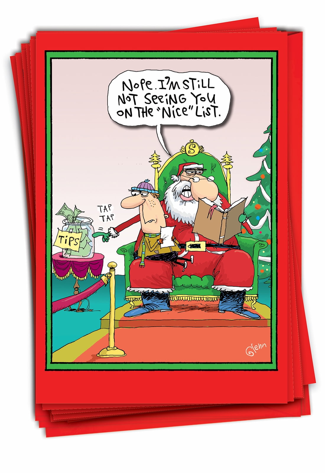 12 Funny Christmas Cards Pack (1 Design, 12 Cards) Santa Tips Nice
