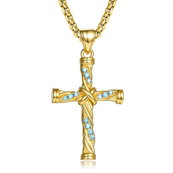Gold Tone Cross Pendant Necklace with Blue Crystal Accents