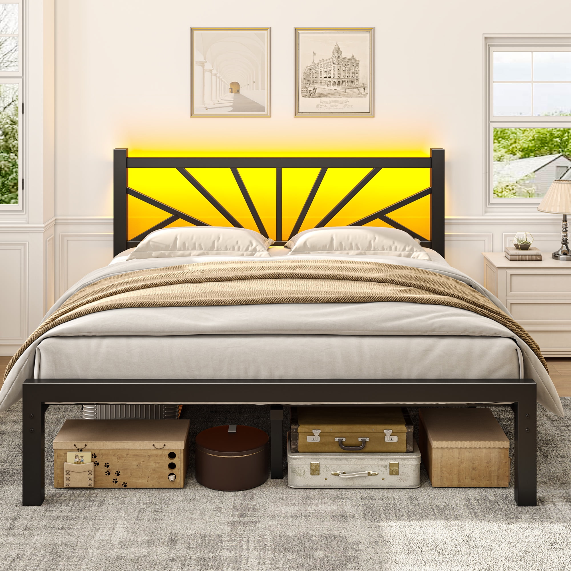 EnHomee Queen Size Metal Bed Frame with Headboard Metal Platform Bed Frame with LED Lights Bed Frame Queen with Storage Underbed, Noise Free, No Box Spring, Black