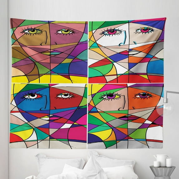 Abstract Tapestry, Abstract Woman Face Illustration Behind Stained Glass Styled Human Facial Feature, Fabric Wall Hanging Decor for Bedroom Living Room Dorm, 5 Sizes, Multicolor, by Ambesonne
