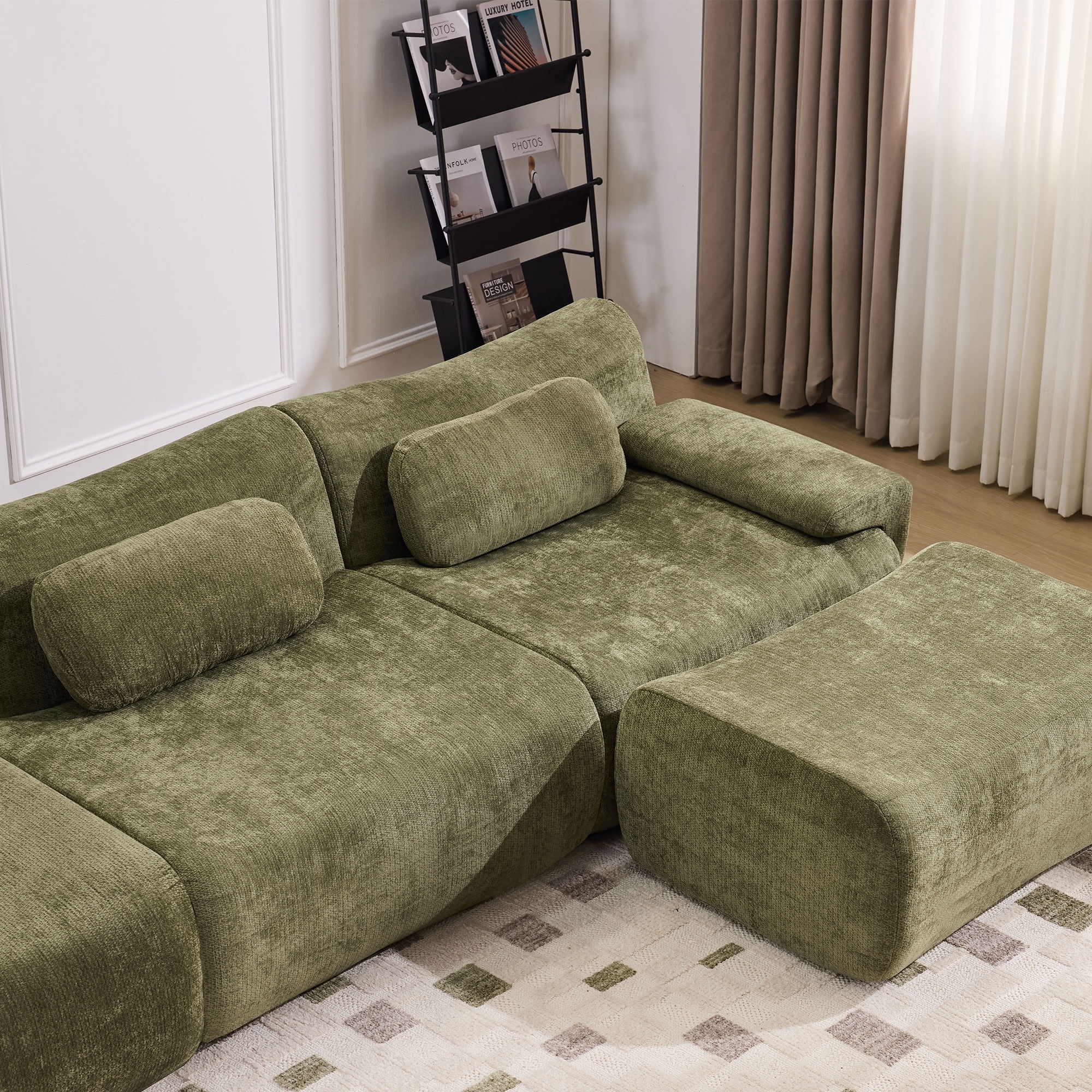 MAYEERTY 3+1 Seat Modular L-Shaped Sectional Sofa with Ottoman, Chenille Upholstered Deep Seat Couch with 3 Throw Pillows, No Assembly for Living Room Bedroom Apartment Small Spaces