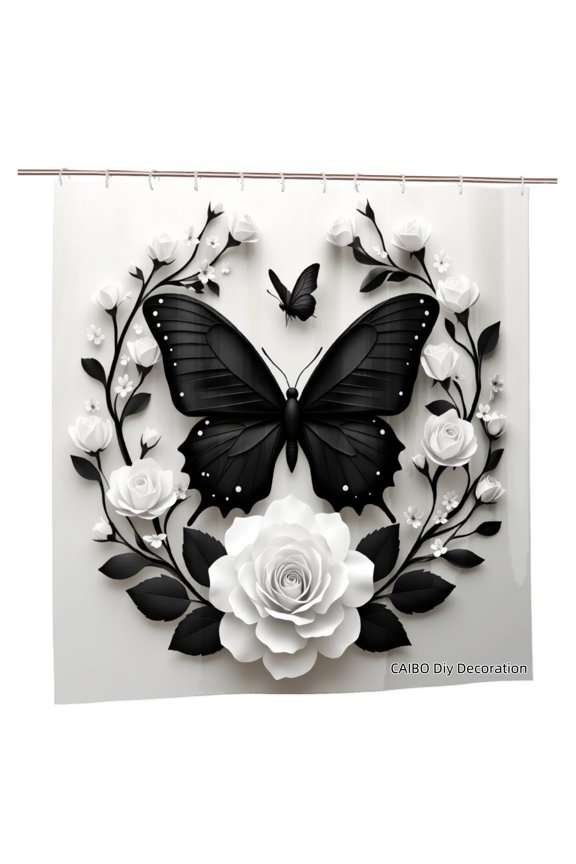 Polyester Shower Curtain Black Butterfly And White Roses Design For Home Bathroom Bath Tub Decoration 72x72 inch