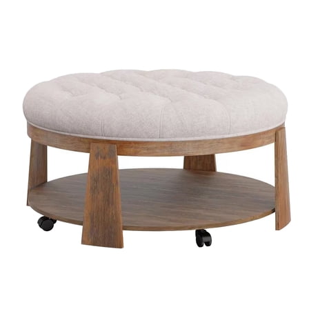 Gus 41 Inch Ottoman Coffee Table- Button Tufted Beige Fabric- Brown Wood