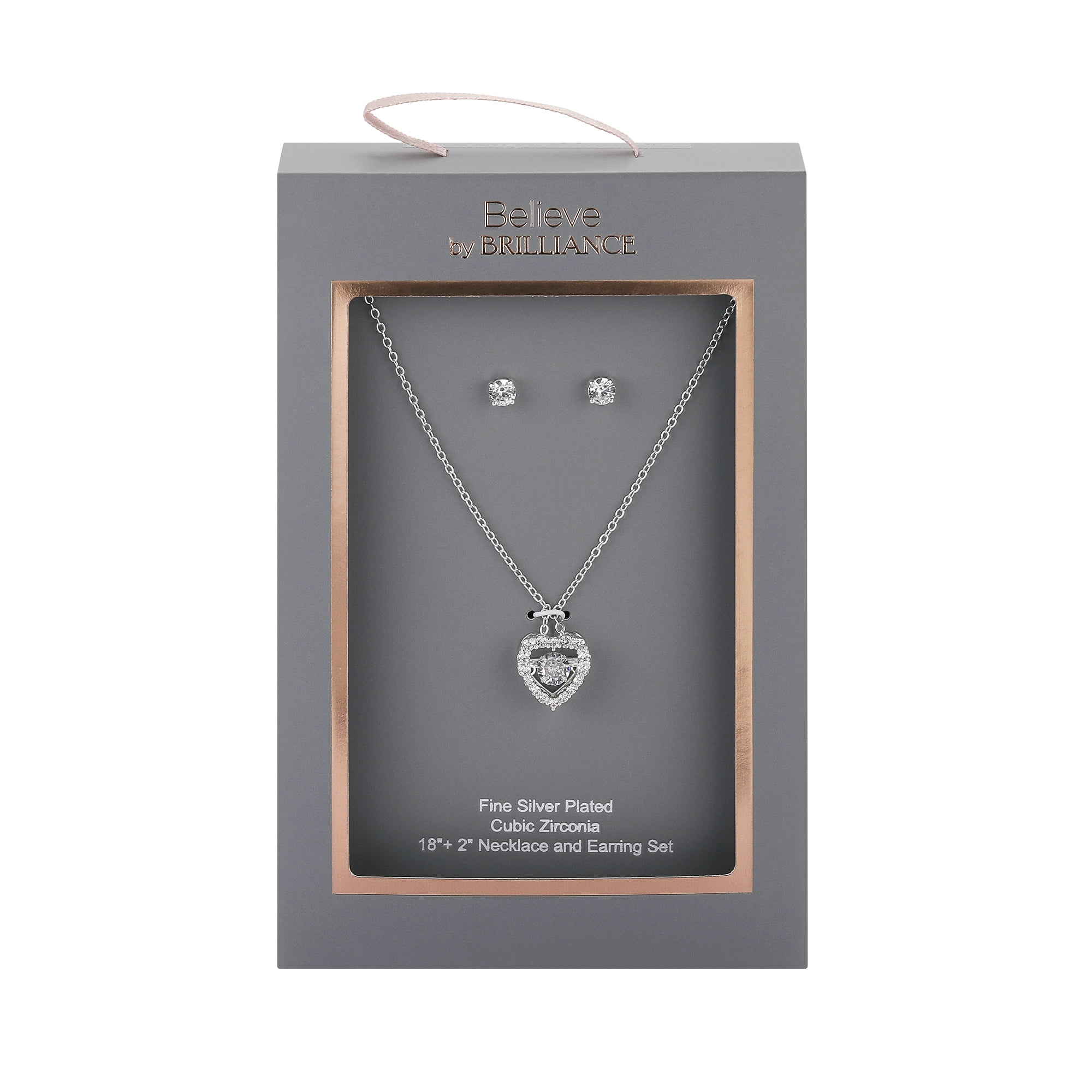 Believe by Brilliance Women's Cubic Zirconia Heart Necklace and Stud Earring Set, 18+2"
