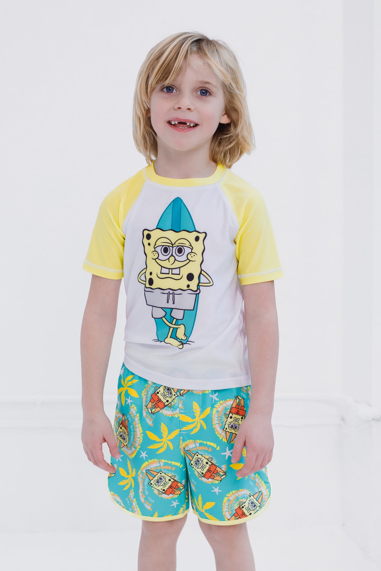 SpongeBob SquarePants Surfboard UPF 50+ Rash Guard and Swim Trunks Outfit Set Little Kid to Big Kid
