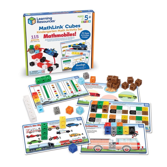 set de actividades matemáticas learning resources cubos mathlink 115 piezas juego didáctico con 115 cubos encajables en 10 colores y tarjetas de actividades impresas (conteo, patrones, estimación), caja frontal y fichas apiladas sobre fondo blanco.