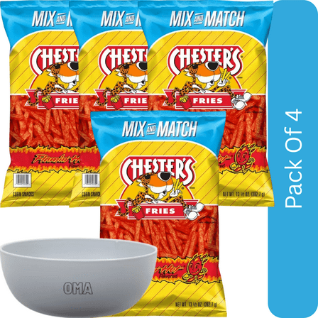 Chester’s Fries Flamin’ Hot Corn & Potato Snacks, 13.5 oz-4pk, With Olive White Bowl By OMA