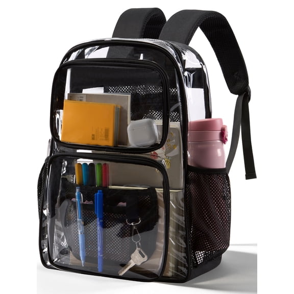 DAKIMOE Clear Backpack for School - 17 inch Large Heavy Duty Stadium Approved Clear Bookbag, See Through PVC Transparent Backpacks for Travel College Work, Black