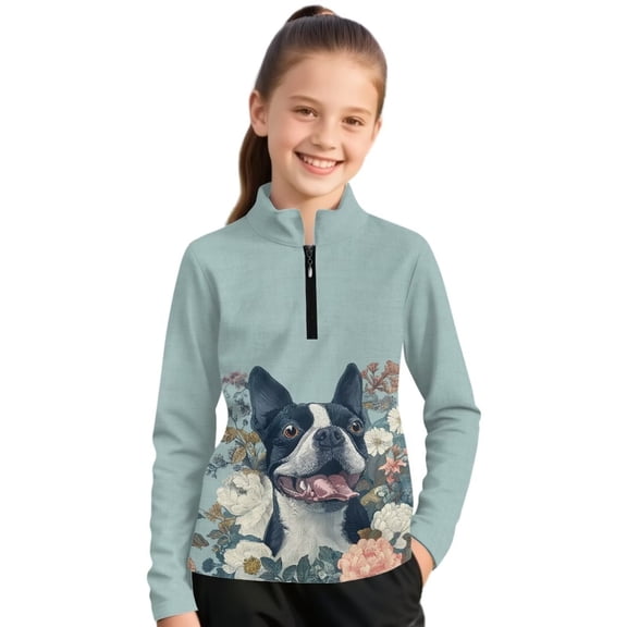 Psesaysky French Bulldog Flower Print Girls Long Sleeve Athletic Shirts 1/4 Zipper Kids Quick Dry Lightweight Yoga Tops for Sports Cheer Basic Tees Activewear 8-9 Years
