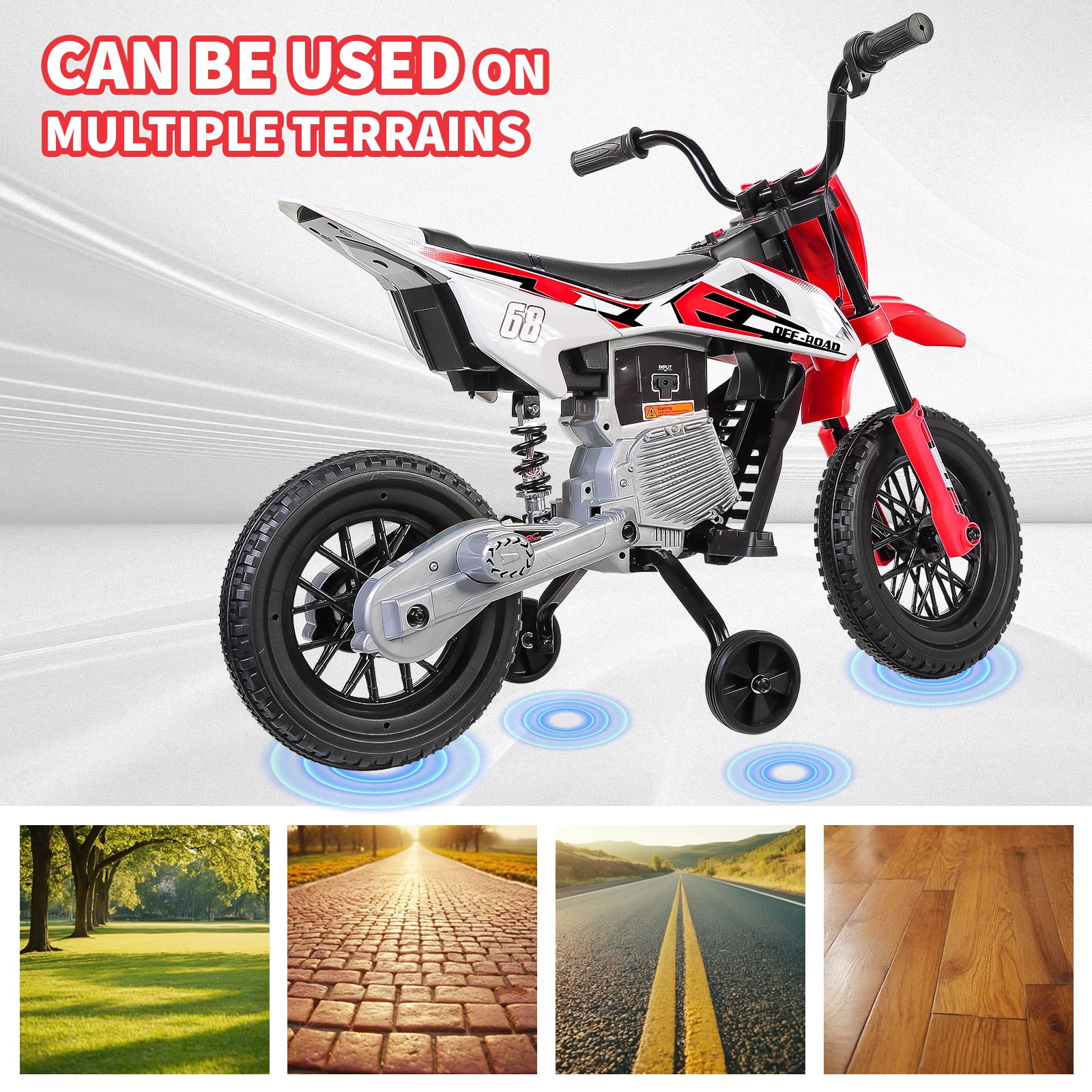 Funcid 12V Electric Dirt Bike with Twist Grip Throttle, Ride on Motorcycle with 2 Training Wheels, Suitable for Ages 3-8, Bluetooth, MP3, Dual Motors, Spring Suspension