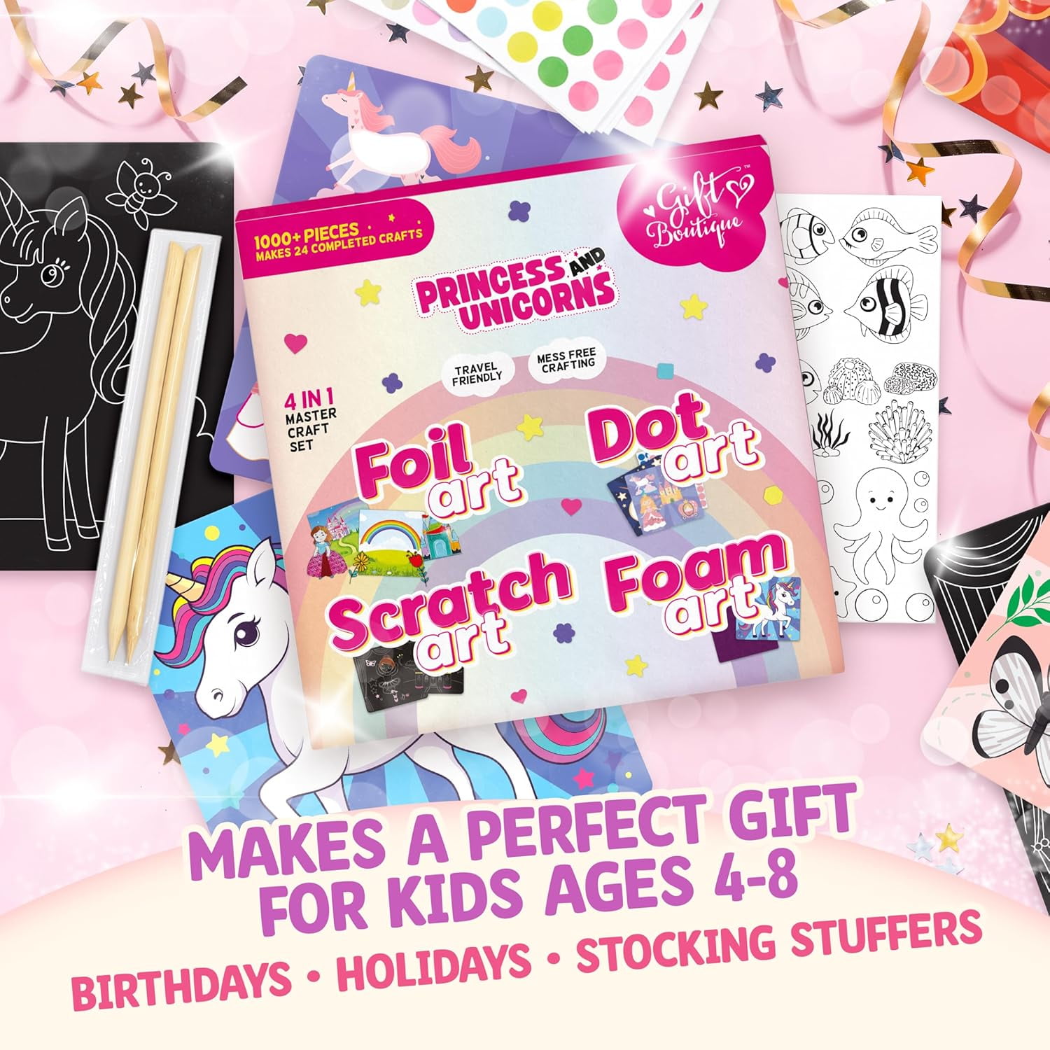 Gift Boutique Unicorn Princess Craft Kit for Girls, 24 Art Projects with Foam, Dot, Scratch & Foil Activities, Kids Craft Box for Ages 4–8