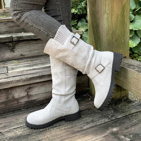 Taylonsss Women's Double Buckle Round Toe Mid Heel Mid Calf Boots with Faux Leather and Comfortable Sole for Winter Slouchy Casual Style with Adjustable Fit and All-Day Wear Comfort
