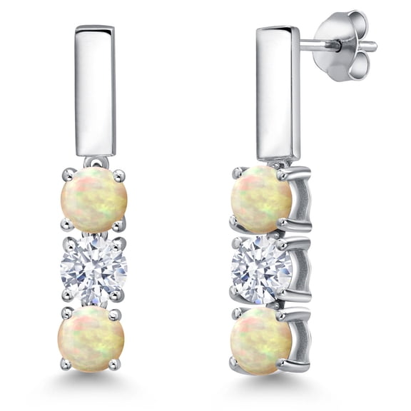 Gem Stone King 925 Sterling Silver White Ethiopian Opal and White Zirconia Drop Dangle Earrings for Women | 1.35 Cttw | Gemstone October Birthstone | Round Cabochon 5MM