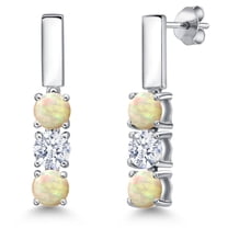 Gem Stone King 925 Sterling Silver White Ethiopian Opal and White Zirconia Drop Dangle Earrings for Women | 1.35 Cttw | Gemstone October Birthstone | Round Cabochon 5MM