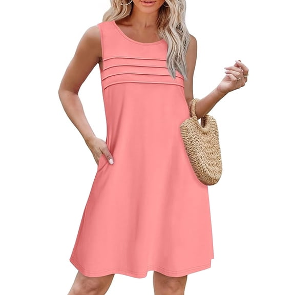 YHAJDS Women's Dress Sleeveless Solid Color Loose Round Neck Pleated Detail Above Knee
